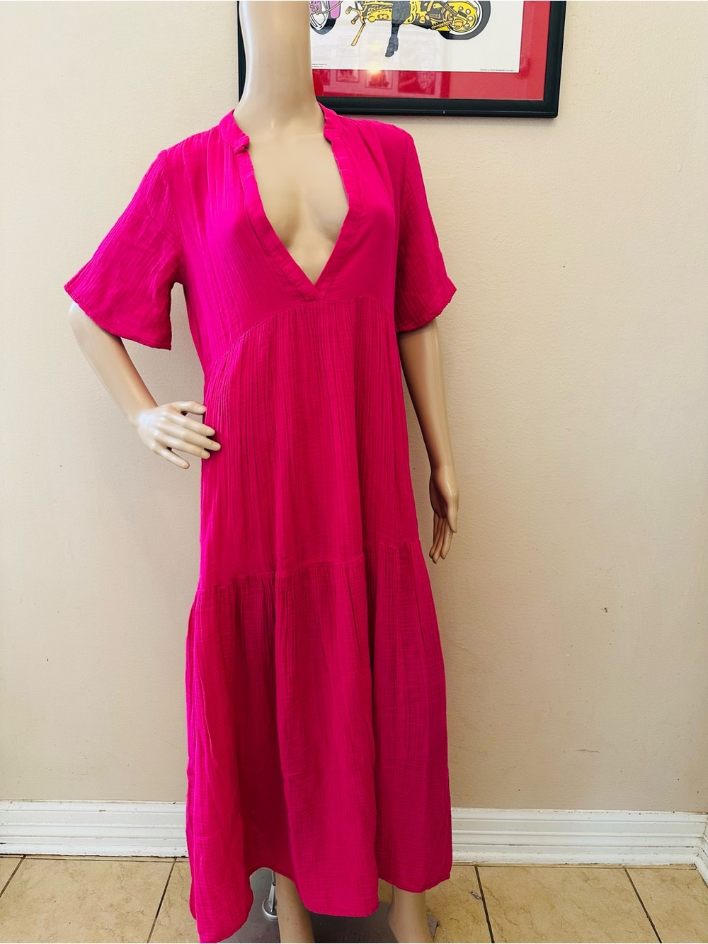 Anthropologie Hot Pink V-Neck Short Sleeve Maxi Dress
